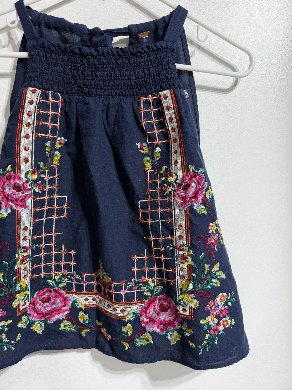 Free People Navy Blue Linen Blend Embroidered Rose Halter Tank Top Size S - Picture 2 of 6